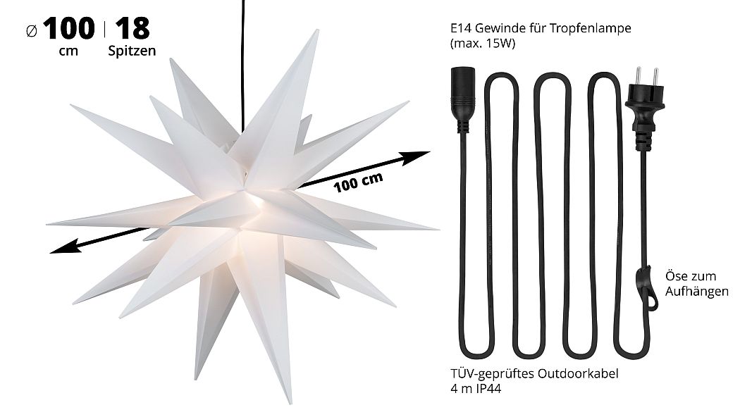 Leuchtstern für außen, XXL, 100 cm, weiß, LED, outdoor, Weihnachtsstern, für Stromanschluss Leuchtstern für außen, XXL, 100 cm, weiß, LED, outdoor, Weihnachtsstern, für Stromanschluss