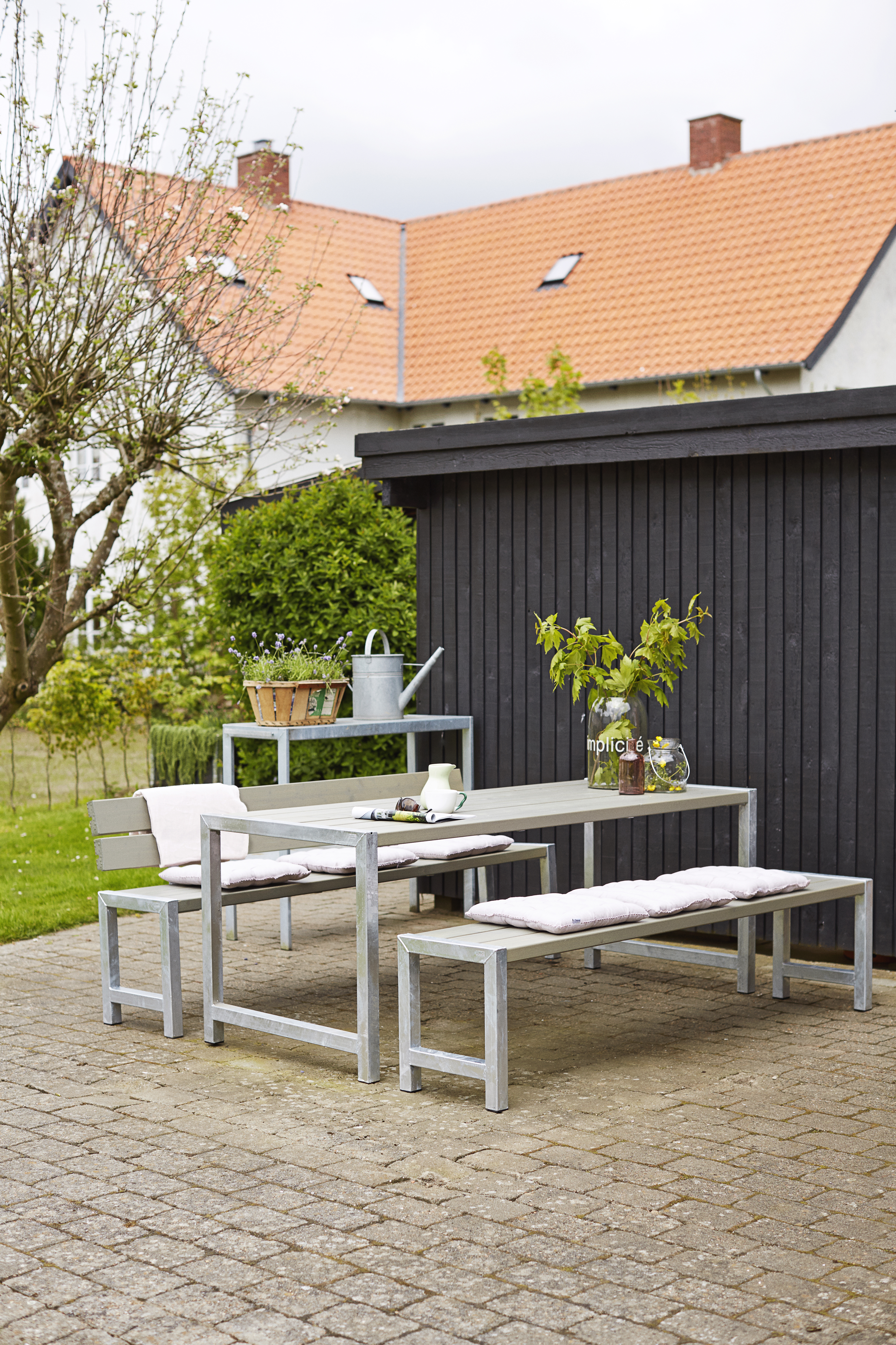 OSLO Outdoor-Sitzgruppe Holz grau,  1 Tisch + 2 Bänke + 1 Rückenlehne