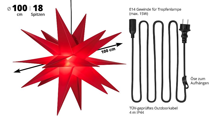Roter XXL-Leuchtstern für außen, 100 cm, mit Stromkabel Roter XXL-Leuchtstern für außen, 100 cm, mit Stromkabel