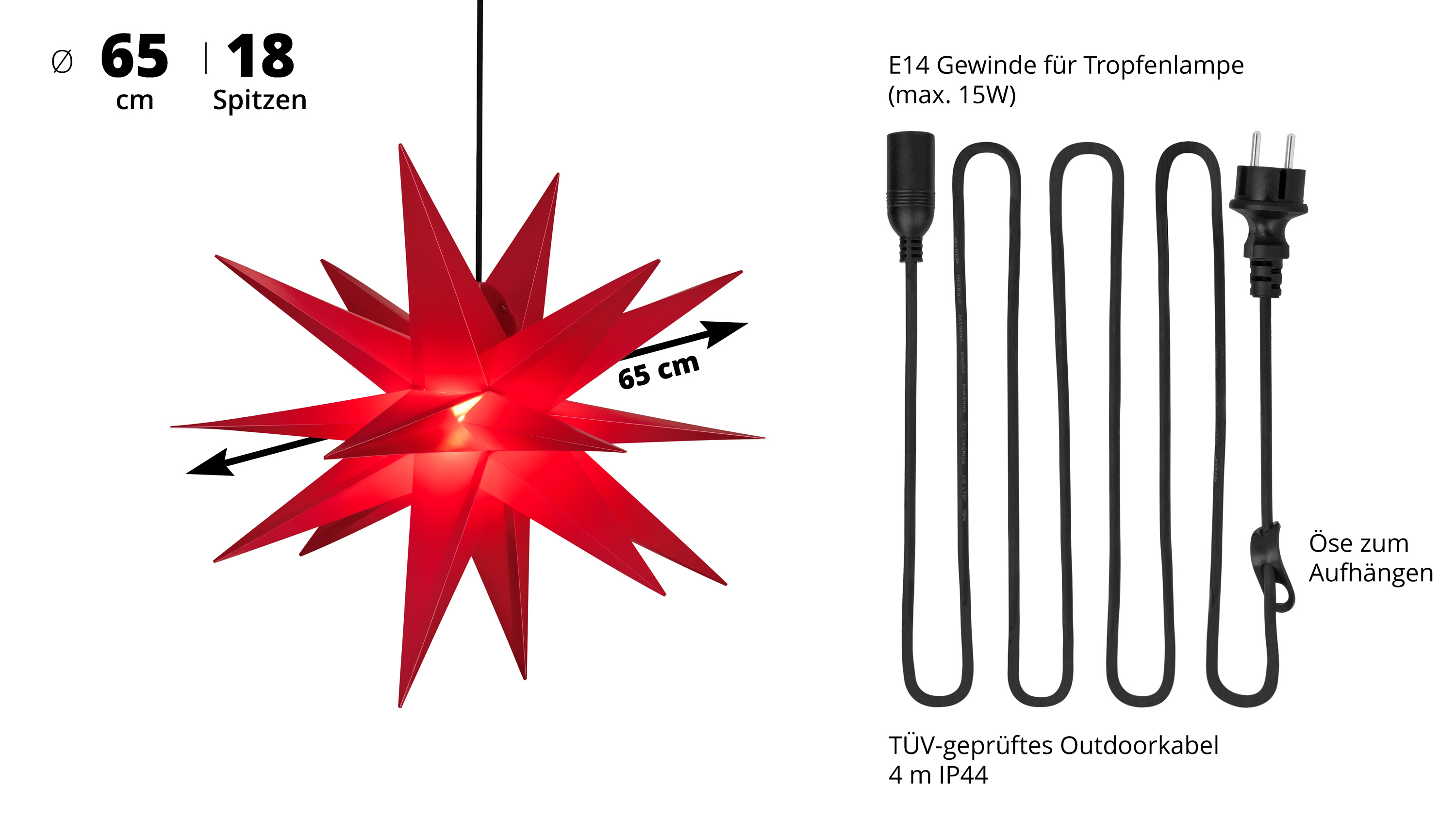Roter 3D Leuchtstern ⌀ 65 cm hängend für Außen Roter 3D Leuchtstern ⌀ 65 cm hängend für Außen