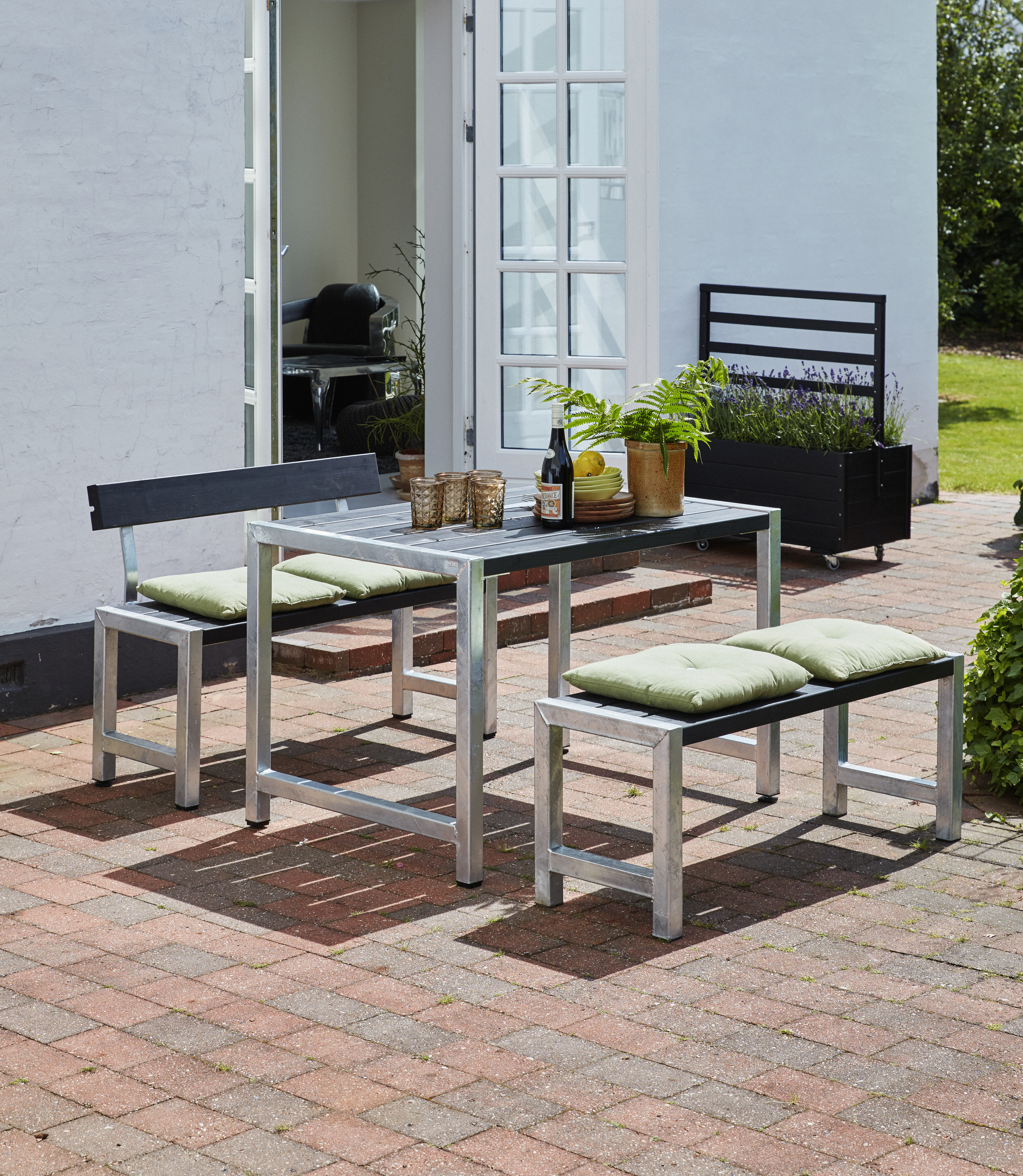 Balkon Sitzgarnitur 127 cm, Massivholz Schwarz, mit 1 Rückenlehne