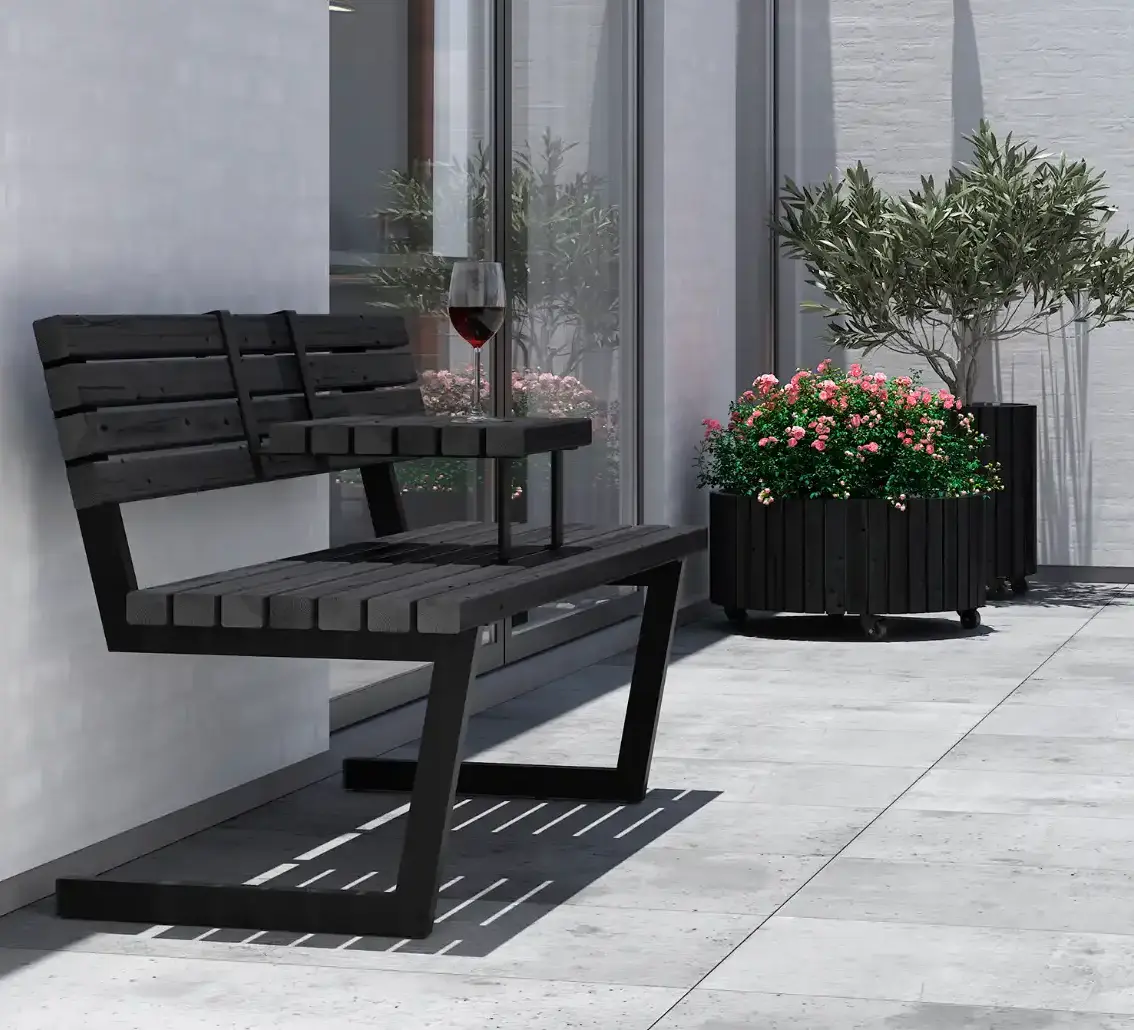 Schwarze Gartenbank mit Einhäng-Tisch 150 cm