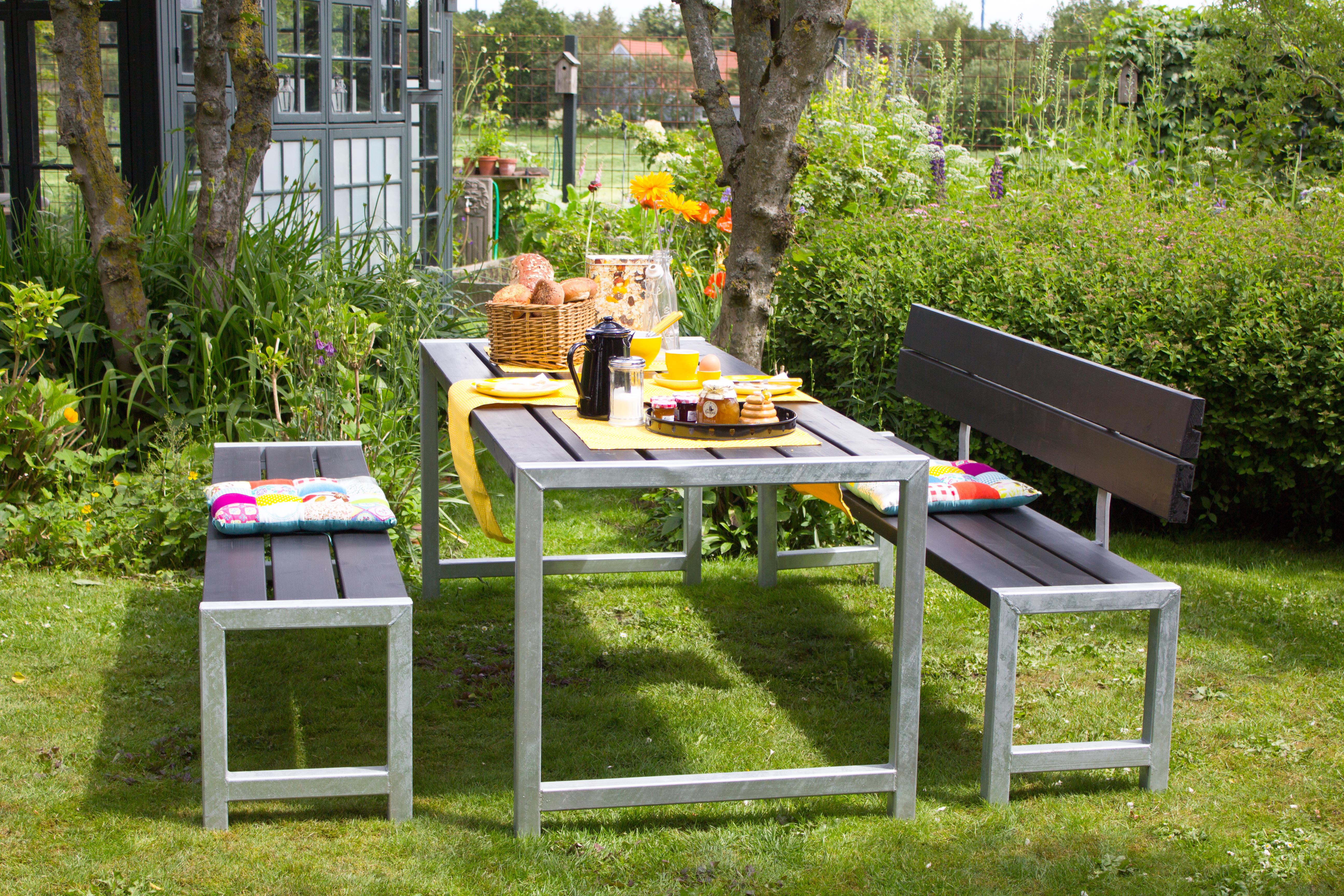 OSLO Outdoor-Sitzgruppe Massivholz Farbauswahl, Tisch + 2 Bänke + 1 Rückenlehne
