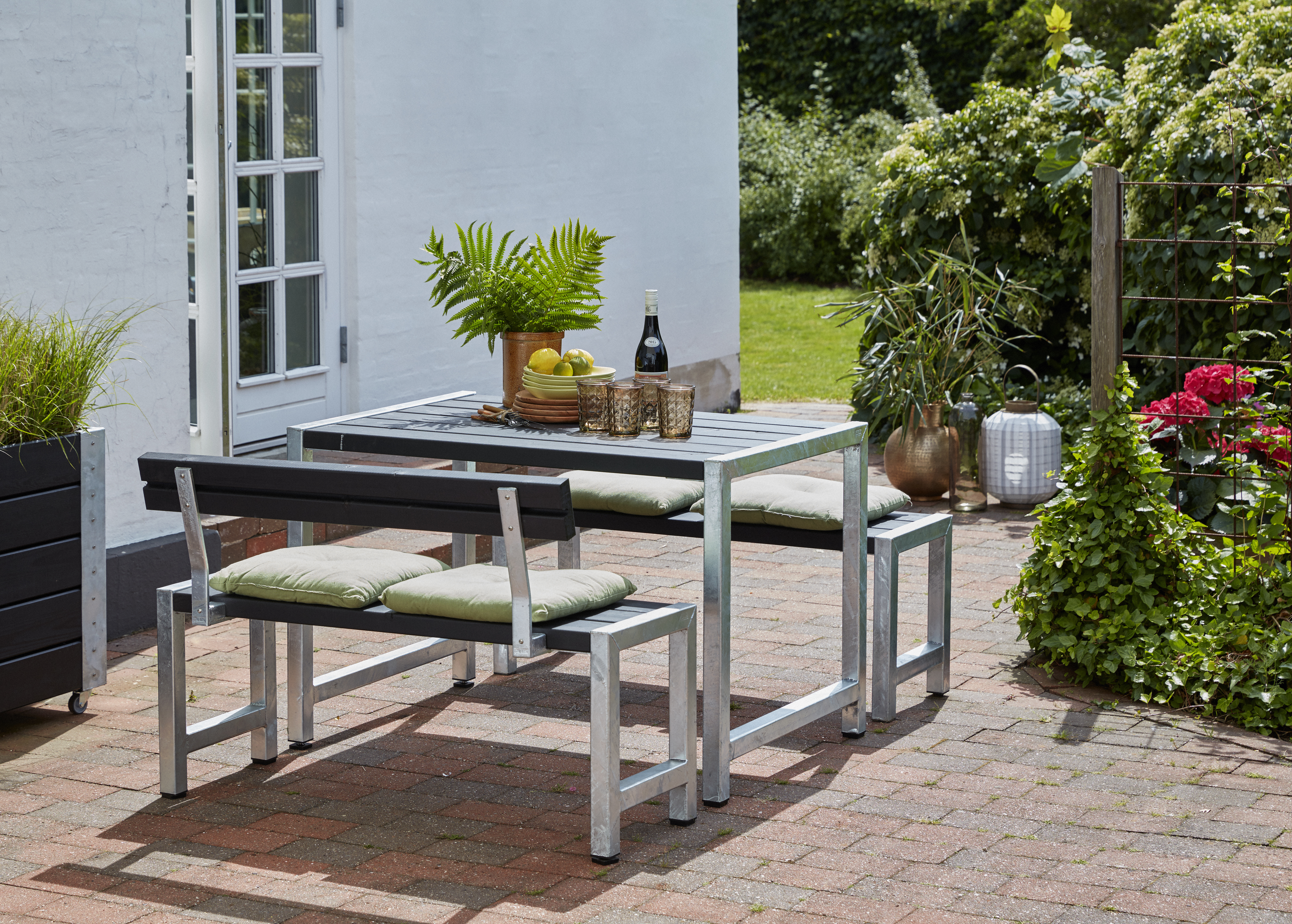 Balkon Sitzgarnitur 127 cm, Massivholz Schwarz, mit 1 Rückenlehne
