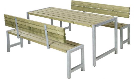 PLANKEN Outdoor-Sitzgruppe, Massivholz: SCHWARZ - GRAU - NATUR, moderne Biertisch-Garnitur Natur | Tisch + 2 Bänke + 2 Lehnen